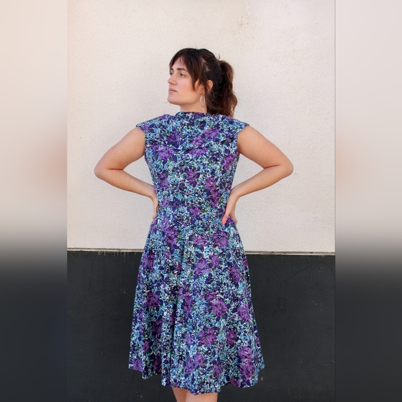 Vintage 1950s Blue & Purple Floral Circle Dress with Rhinestone Accents - Picture 2 of 8